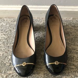 Tory Burch leather navy with gold block heels size 7.5